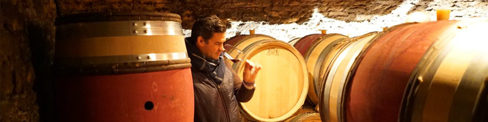 A person is standing in a wine cellar, sampling wine from a glass. They are surrounded by wooden barrels stacked along the walls. The cellar has stone walls and a softly lit atmosphere.