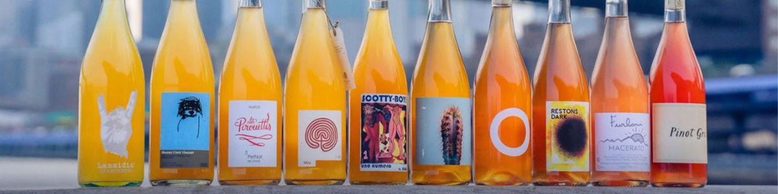 A row of eleven wine bottles with colorful labels, showcasing an array of orange wines. They are lined up on a wooden surface with a blurred cityscape in the background.