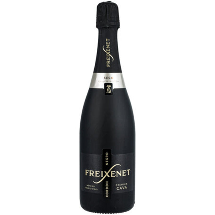 A bottle of Freixenet Cordon Negro Gran Seleccion Cava Brut sparkling wine. The sleek black bottle is adorned with gold and white text, featuring an elegant gold seal emblem near the top.