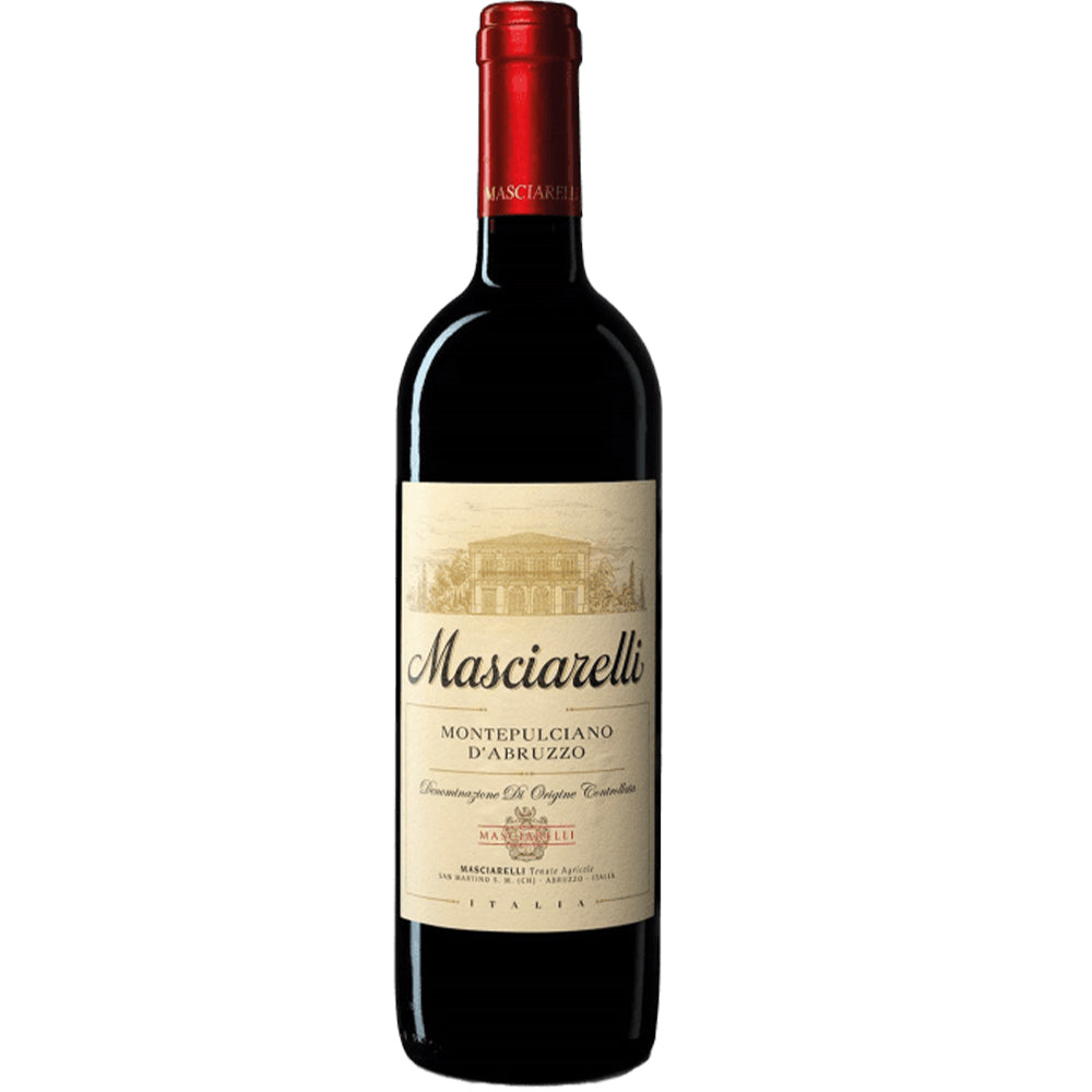 A bottle of Masciarelli - Classic Line - Montepulciano d'Abruzzo DOC, featuring a bold red cap. The label presents text and an illustration of a building, suggesting its rich taste profile.