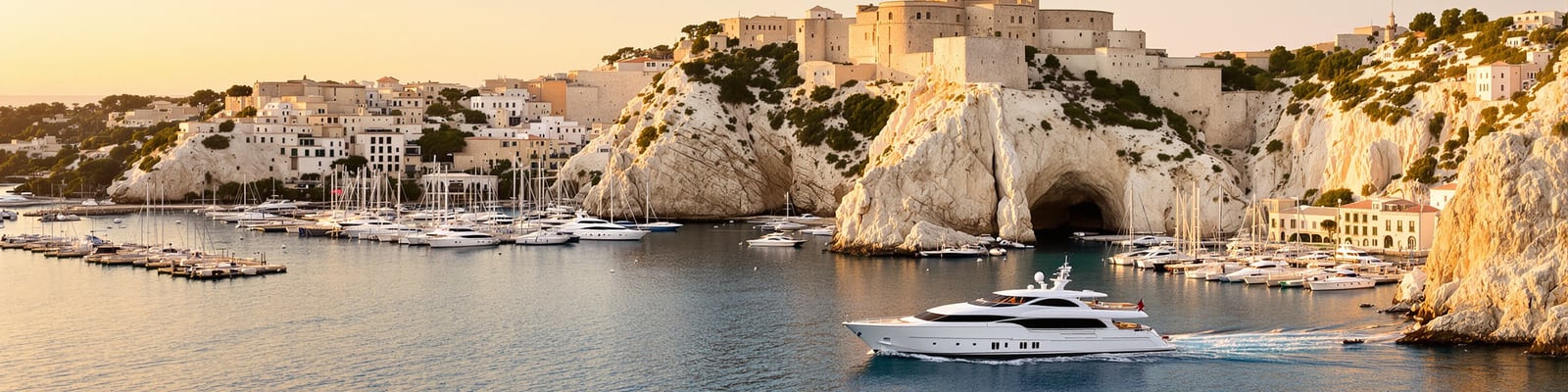 Bonifacio Corsica — citadel above the harbour entrance with a superyacht, yacht wine delivery by Onshore Cellars