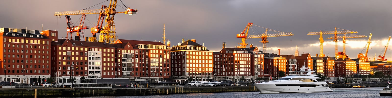 North German harbour waterfront with superyacht and cranes, yacht wine supply in Germany by Onshore Cellars
