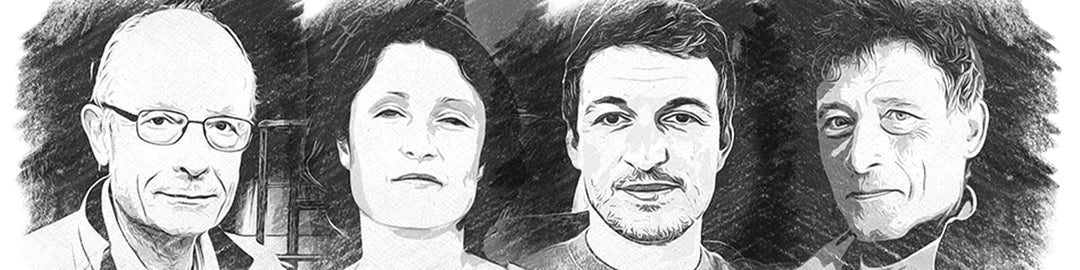 Sketch-style portraits of four individuals side by side, each with distinct facial features and expressions, drawn in black and white.