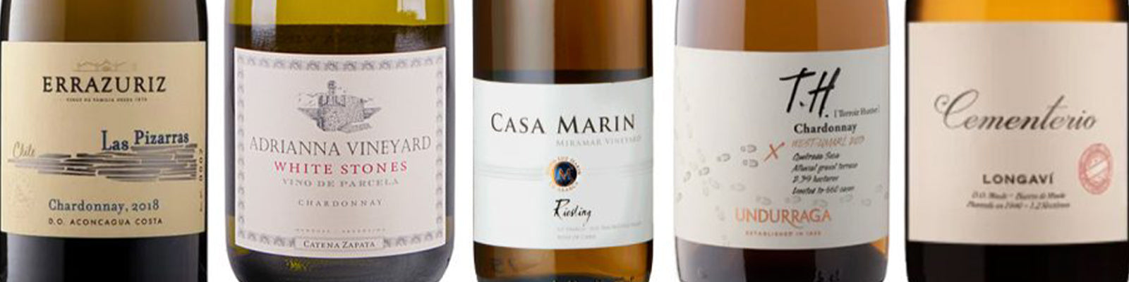 Five wine bottles lined up, featuring labels from various vineyards: Errazuriz Las Pizarras, Adrianna Vineyard White Stones, Casa Marin, T.H. Undurraga, and Cementerio Longaví. Each label showcases distinct designs.