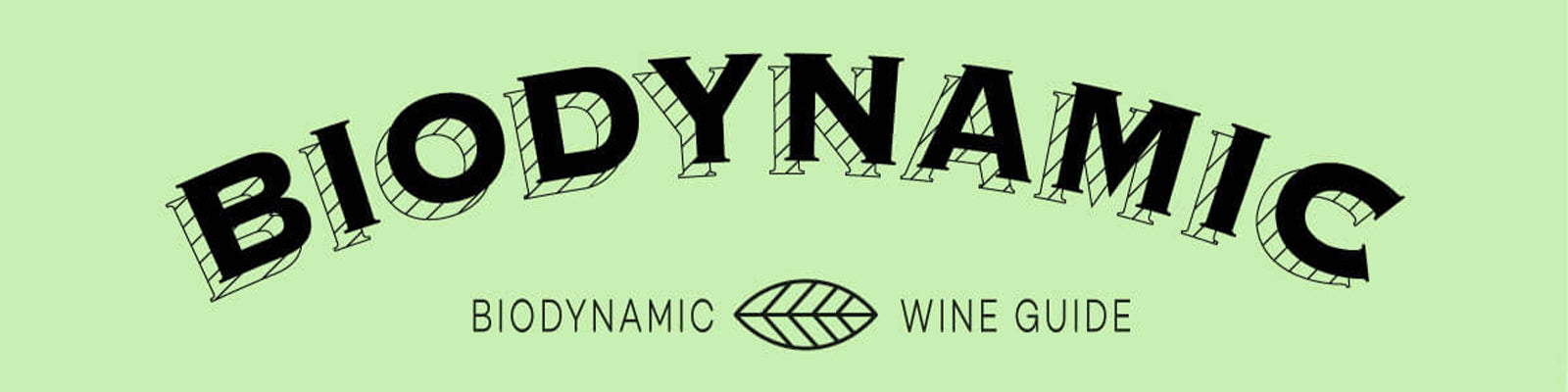 Pancarta verde con la palabra Biodynamic en grandes letras negras. Debajo pone Biodynamic Wine Guide con el icono de una hoja entre las palabras.