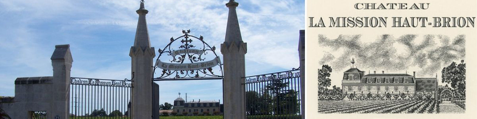 Entrance gate of Château la Mission Haut-Brion with stone pillars under a blue sky on the left, and a black-and-white illustration of the château with vineyards on the right.