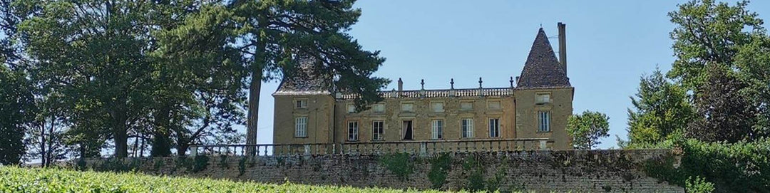 A historic chateau with pointed towers stands behind a stone wall, surrounded by lush trees and greenery on a clear, sunny day.