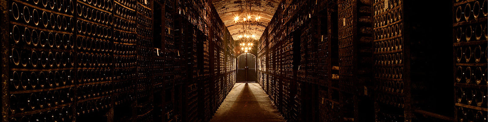 Bodega tenuemente iluminada con interminables filas de botellas de vino apiladas en estanterías a lo largo de paredes de ladrillo. Al final del estrecho pasadizo se ve una verja metálica, con una cálida iluminación que crea un ambiente rústico.