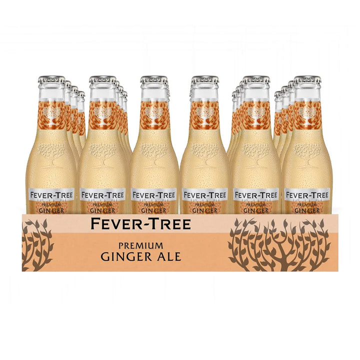 A pack of Fever Tree - Ginger Ale bottles, organized in two rows. The bottles feature a transparent label with black and orange accents that highlight the Fever Tree brand name and product type. The box also displays the same branding along with a tree-like design.