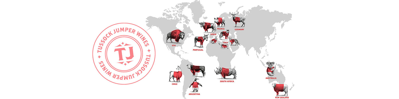 Mappa del mondo con icone di animali rossi che rappresentano diversi Paesi etichettati: Cile, Argentina, Portogallo, Francia, Italia, Spagna, Germania, Sudafrica, Australia, Nuova Zelanda. Logo Tussock Jumper Wines sul lato.