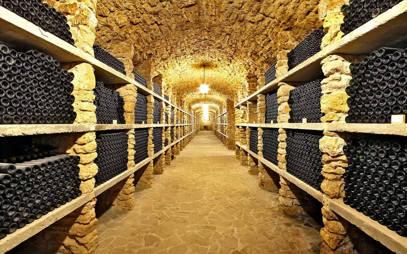 A long stone wine cellar lined with racks of bottles