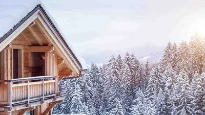 A wooden ski chalet among snow-covered pine trees