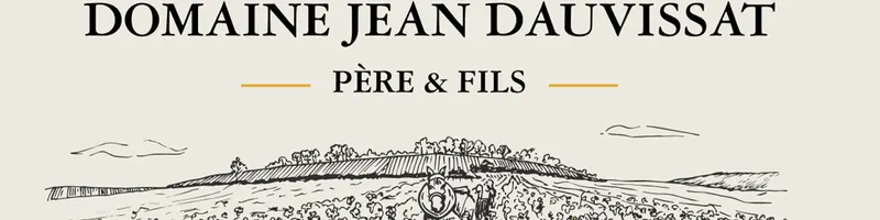 Illustrated vineyard landscape with a person walking among grapevines. The text above reads Domaine Jean Dauvissat Père & Fils.