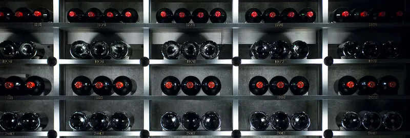 A dimly lit wine cellar with rows of bottles arranged on metal racks