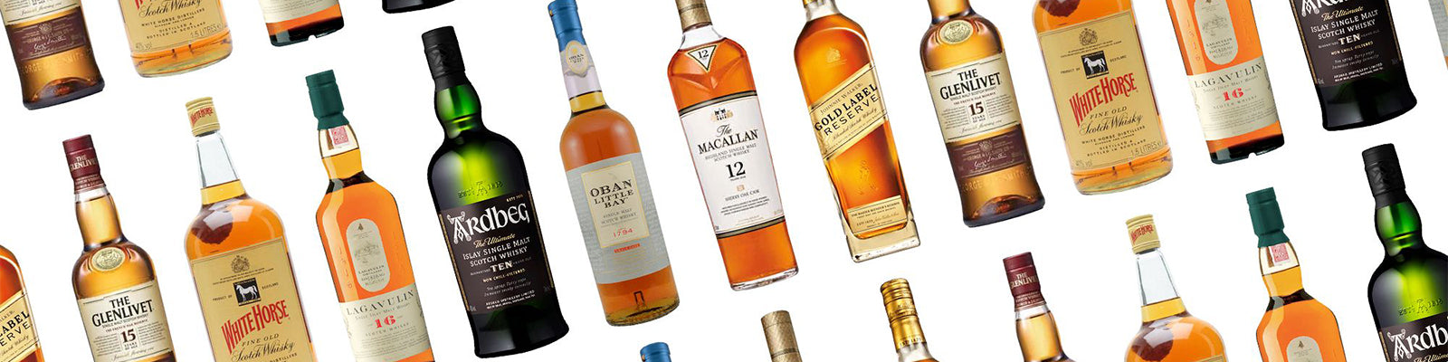 A variety of whiskey bottles displayed at angles, featuring different labels, colors, and styles against a white background.